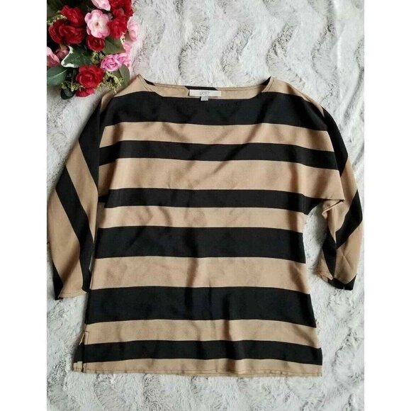✨️CL Ann Taylor Loft Brown Black Horizontal Stripe Lightweight Blouse Size XS - Picture 1 of 8